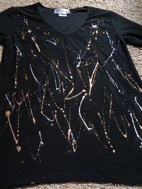 Black V-Neck Women's Top with Gold & Silver Paint-Splash Details